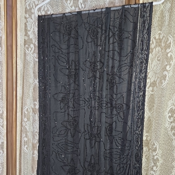 Elegant Black Hand Beaded Shawl with Fringe-1A - Picture 5 of 7